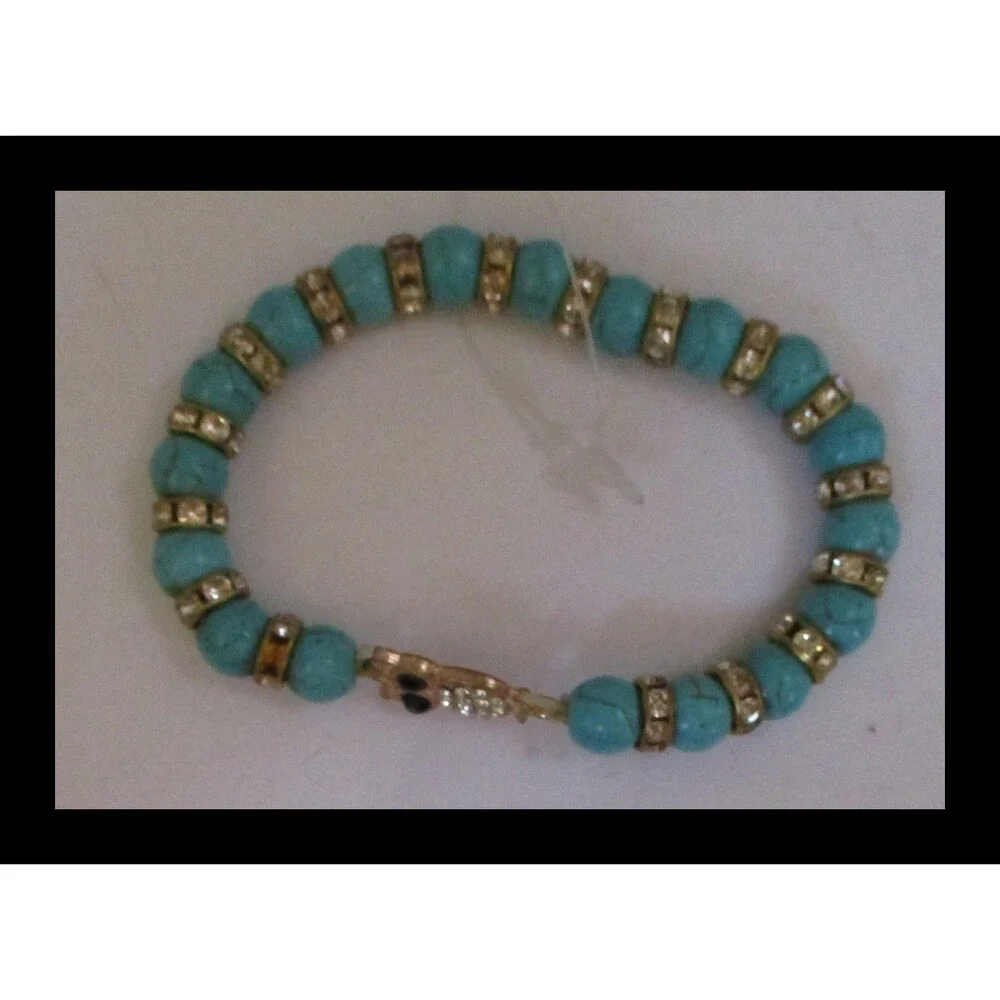 Turquoise Color Beaded Stretch Bracelet with Owl & Rhinestone Accents BR-12